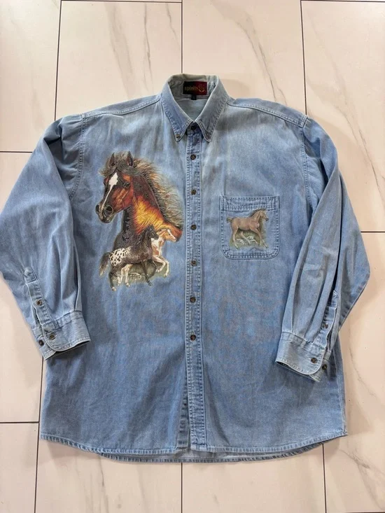 Vintage 100% Cotton Horse Graphic Denim Western Shirt - Oversized Boyfriend Fit - Picture 2 of 9